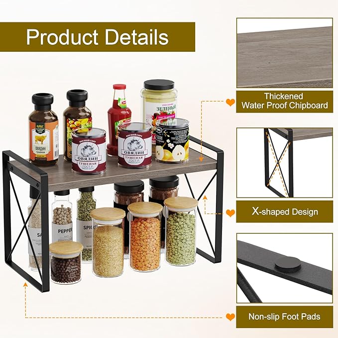 Giikin Kitchen Countertop Organizer, Wood Desk Shelf Riser, Gray Spice Rack for Kitchen Counter, Countertop, Cabinet (15.7 Inches, Gray)-NeatNest