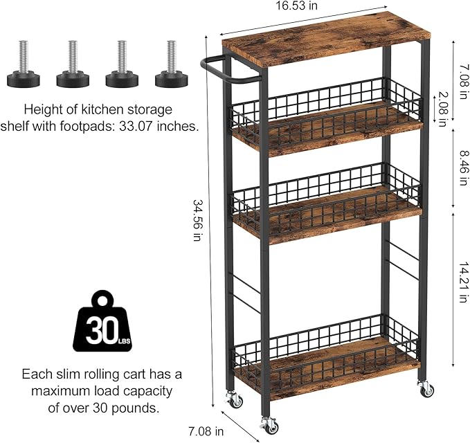 Slim Storage Cart Rolling Kitchen Cart with Wheels Narrow Laundry Storage Utility Cart 4 Tier Bathroom Mobile Shelving Unit Organizer with Wood Tabletop Trolly Cart with Handle for Small Spaces, Brown-NeatNest