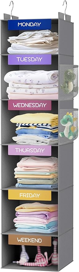 VERONLY Weekly Hanging Closet Organizer for Kids, 6-Shelf Clothes Storage with Labeled Days of The Week Monday Through Friday, Weekday and Weekend, Days of The Week Clothes Organizer-NeatNest