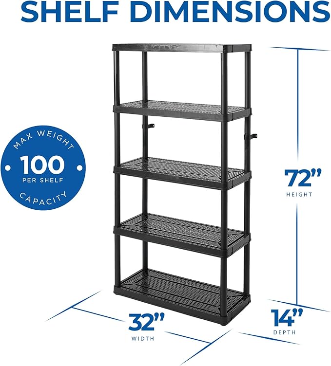 Gracious Living 5 Shelf Fixed Height Ventilated Medium Duty Storage Unit 14 x 32 x 72" Organizer System for Home, Garage, Basement, & Laundry, Black