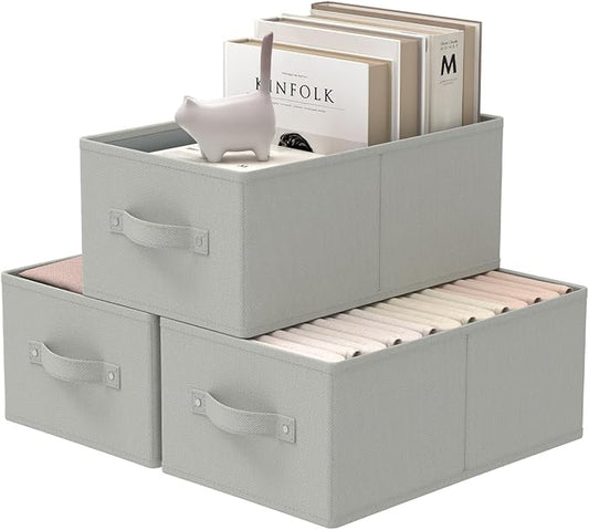 Fabric Storage Boxes for Shelves, 3 Pack Foldable Cloth Bins, Closet Organizers System with 2 Handles, Durable and Sturdy, Saving Space, Grey, 16.1 x 9.8 x 6.5 In, XSNY11GM-3-NeatNest