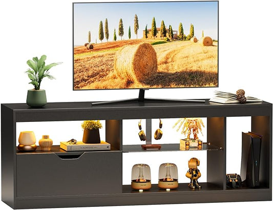 JUMMICO TV Stand, Entertainment Center LED Gaming TV Stand for 65+ Inch TV Carbon Fiber Top, Dynamic RGB Modes TV Cabinet Console with Adjustable Glass Shelves Storage Drawers (Black)-NeatNest