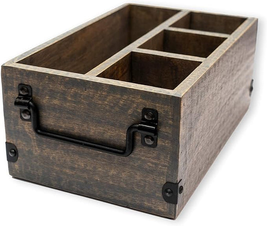 GoCraft 4 Compartment Flatware Caddy, Cutlery Utensil Holder, Silverware Condiment Organizer with Napkin Holder for Kitchen, Dining, Picnics, Grey Washed Mango Wood Caddy with Metal Handles