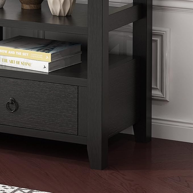 Karl home Console Table with 3 Bottom Drawers, 57.9" W Sofa Side Table Entryway Desk with 3 Storage Cubbies 1 Open Shelf, Vintage TV Stand for Hallway Living Room Office, Black 29.9" H-NeatNest