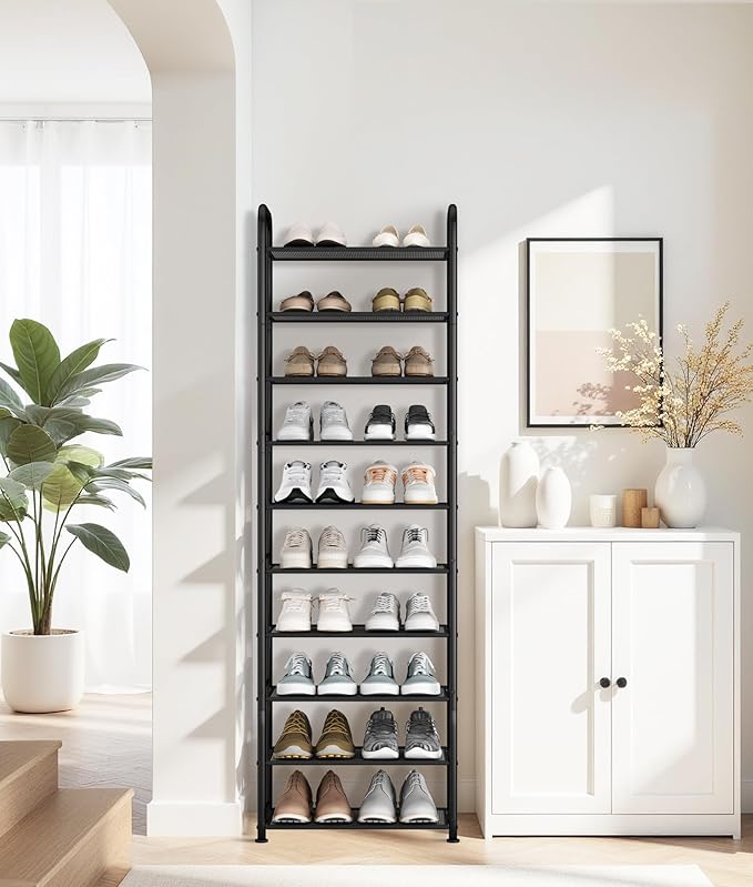 STORAGE MANIAC 10-Tier Tall Shoe Rack, 20 Pairs Narrow Slim Shoe Shelf, Metal Frame Shoes Stand for Small Space, Space-Saving Shoes Organizer, Vertical Shoes Tower for Garage, Entryway, Closet, Dorm-NeatNest