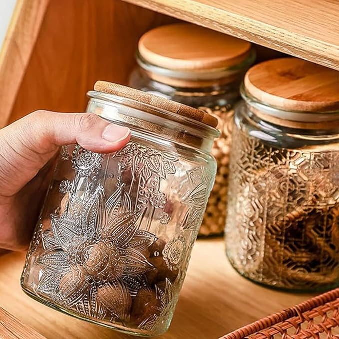 2 Pack Glass Storage Jar with Bamboo Lid, 23.7 FL Oz Kitchen Glass Food Storage Containers for Candy, Coffee Tea Beans, Oats,Flour, Grains