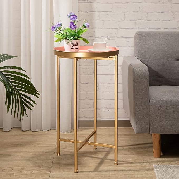 HollyHOME Small Round Metal End Table, Accent Indoor&Outdoor Coffee Side Table, Snack Sofa Table for Living Room, Anti-Rust Decorative Plant Stand, (D) 14.5" x(H) 25", Gold&Pink-NeatNest