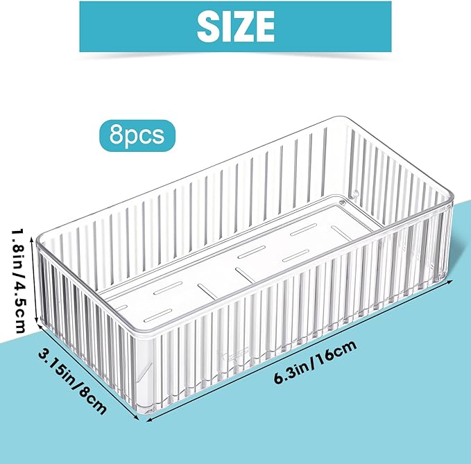 8 Pcs Clear Drawer Organizers Bins Stackable Makeup and Vanity Organizer Trays Clear Plastic Drawer Organizers Set for Office Desk Dividers (6.3 x 3.15 x 1.8 Inches)