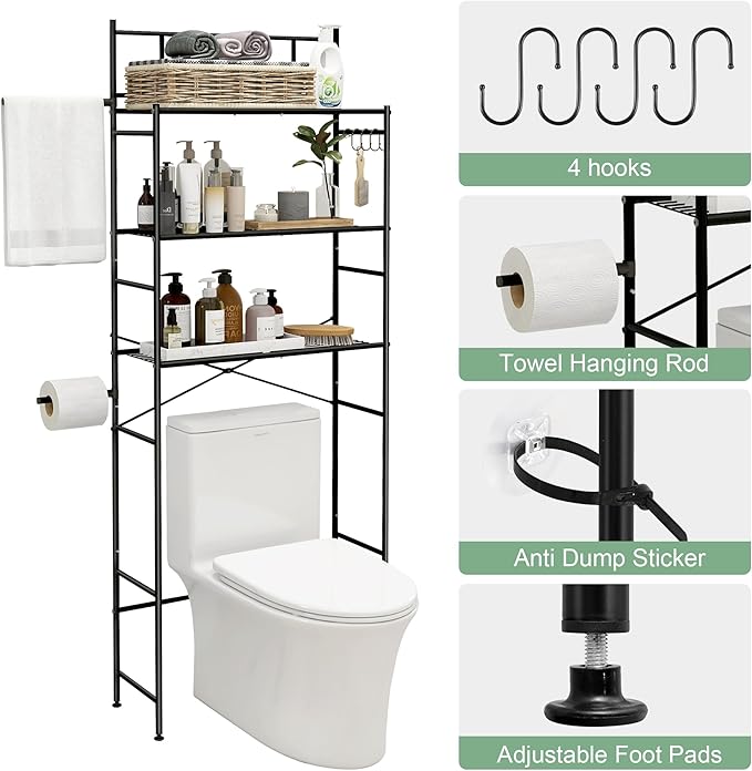 3-Tier Over The Toilet Storage Rack, Freestanding Bathroom Shelves Organizer with Hooks and Toilet Paper Holder, Space Saver Metal Shelf for Small Bathroom, Black