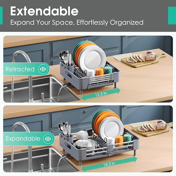 Dish Drying Rack for Kitchen Counter, Extendable Dish Rack with Drainboard, Expandable Dish Drainer, Collapsible Dish Strainer with Cutlery Holder, Foldable Home Countertop Plate Storage Rack, Gray