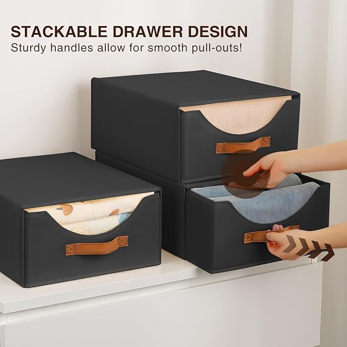 Large Stackable Storage Bins - Fabric Pull-out Closet Shelf Organizer, Linen Closet Organizers and Storage, Decorative Storage Boxes for Bedroom, Office, Dorm, 3 Pack, Black-NeatNest