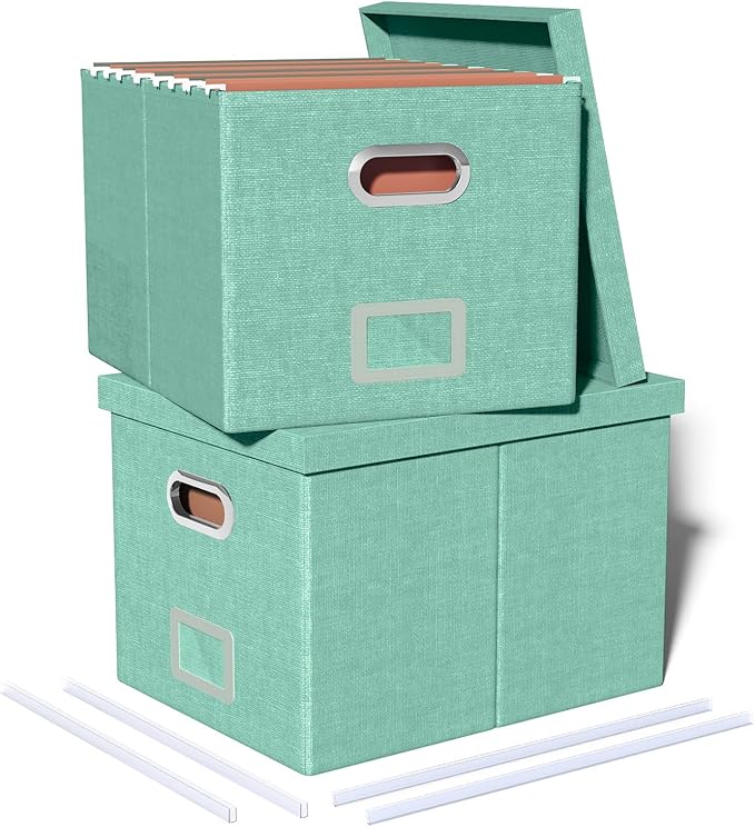 2 Pack File Storage Organizer - Portable Filing Box with Lid, Fits Letter/Legal Size, Bright Green