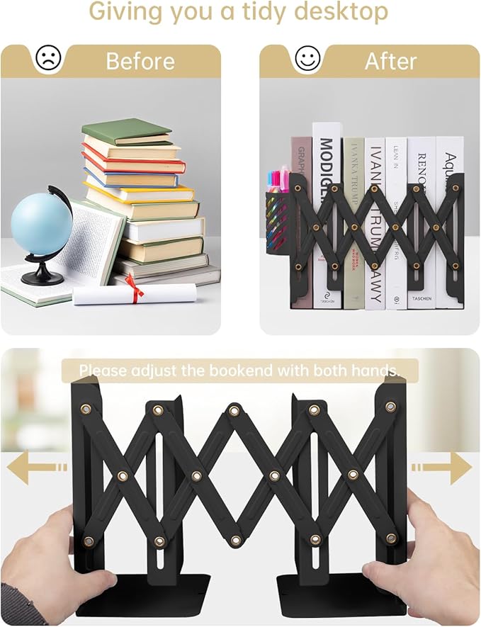 Honagu Adjustable Bookends, Metal Book Ends for Shelves Heavy Book, Desk Magazine File Organizer for Home, Office, Books, Papers, Extends up to 19 inches with Pen Holder (Black)