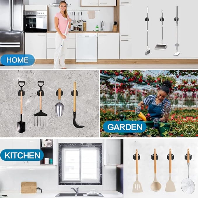 6PCS Broom and Mop Holder, Heavy Duty Garden Tool Organizer Rack Rake and Shovel Handle, Stainless Steel Mop Hanger. Screws for Wall Mounted. Matte Black-NeatNest
