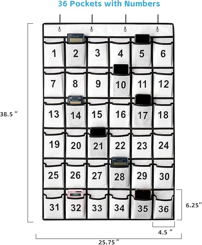 36 Pockets Numbered Classroom Pocket Chart for Cell Phones, Hanging Pocket Chart Storage for Classroom Phone Calculator Holder with 4 Stainless Steel Hooks (White-36pockets)-NeatNest
