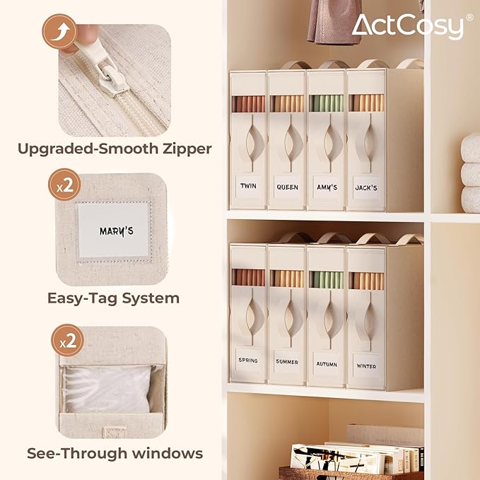 4Pack Sheet Organizers and Storage with Handles – Foldable Linen Closet Storage for King & Queen Sheet Sets – Clear Window & Removable Labels – Dustproof & Space-Saving Design, Off-white-NeatNest