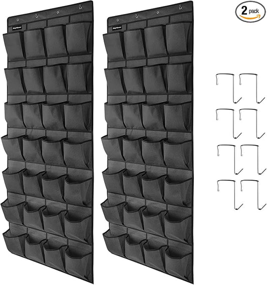 2 Pack 28 Large Pockets Hanging Shoe Organizer Over The Door Shoe Rack for Closet Door Storage Shoe Holder Hanger.8Hooks.Imitation linen Gray-NeatNest
