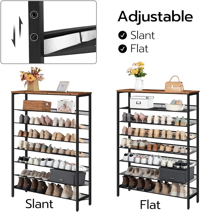 HOOBRO 8 Tier Shoe Rack, 39.4"L Shoe Shelf, Large Capacity Shoe Storage Organizer for 30+ Pairs of Shoes, Front Door Entrance, Entryway, Hallway, Closet, Space Saver, Rustic Brown and Black BF118XJ01-NeatNest