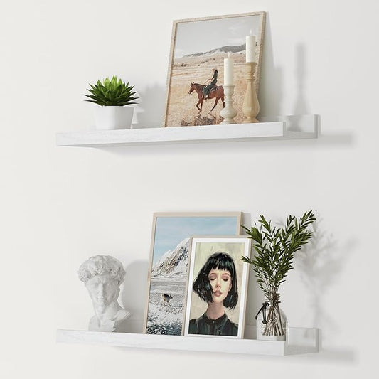24 Inches Long Floating Shelves Wall Mounted, Picture Ledge Shelf for Wall Decor Living Room Bathroom Kitchen,2 Set Rustic White Wall Shelf for Bedroom, Nursery Book Shelf with Lip-NeatNest