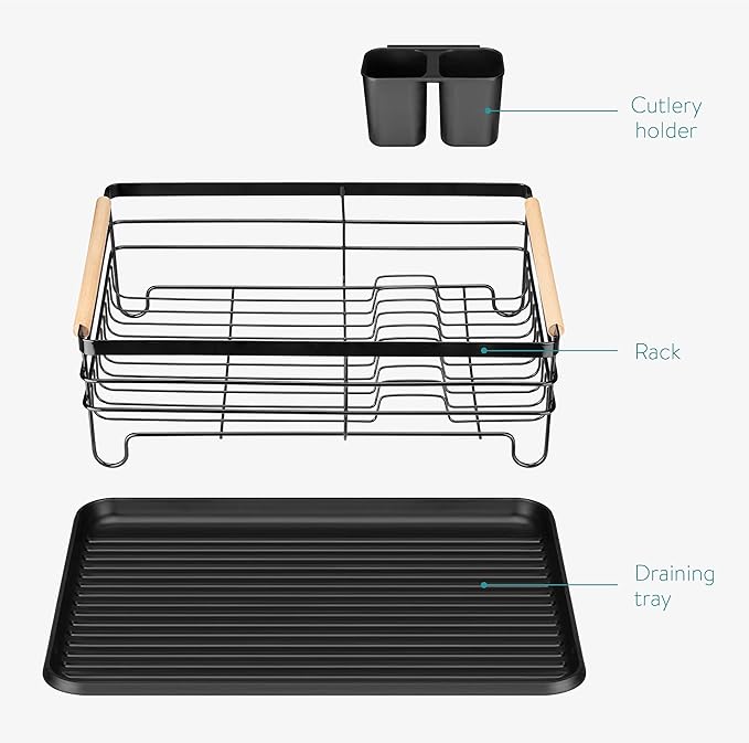 Navaris Dish Drainer Rack - Plate, Silverware, Pots and Pans Drying Rack for Kitchen with Beechwood Handles - Modern Retro Design Drip Tray - Black