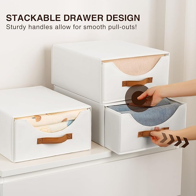Closet Organizers and Storage - Large Stackable Storage Bins with Drawer, Fabric Bins for Organization, Collapsible Drawer Organizer Clothes for Bedroom, Living Room, 2 Pack, White-NeatNest