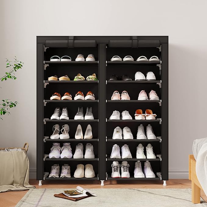 MOYIPIN Shoe Rack Storage Organizer, Double Row Portable Nonwoven Fabric Cover Shoe Rack Holds up to 28 Pairs 36.2 x 11.2 x49.2 Inches Black-NeatNest