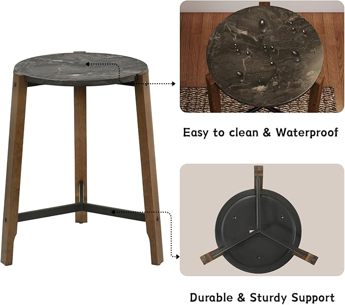 CIMOTA Round Side Table, 22.5" End Accent Table with Solid Wood Leg, Black Marble Texture Tabletop, Metal Beam, Round Nightstand for Small Spaces/Living Room/Bedroom, Black-NeatNest