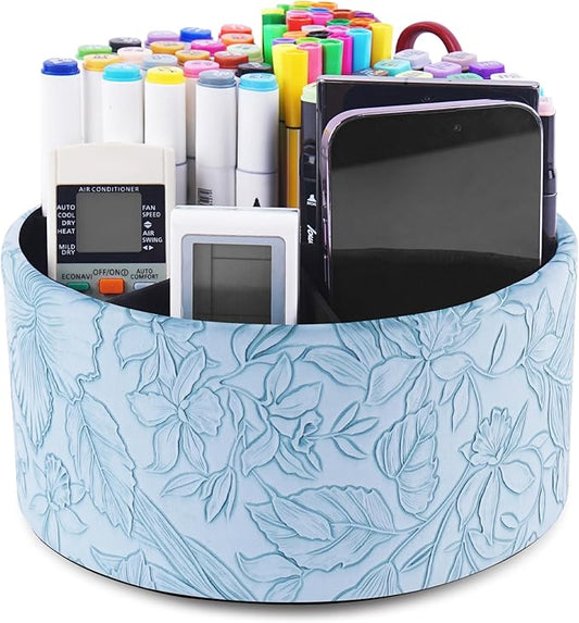 Hennaja Remote Control Holder, 360°Spinning PU Leather Desk TV Remote Caddy,Desk Storage Box Room Accessories for Controller, Media,Mail,Calculator, Mobile Phone,Pencil(1-Carved Blue)-NeatNest