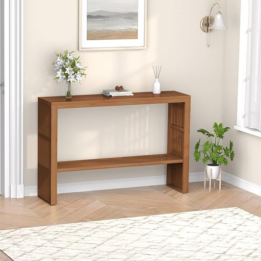 Bamboo Wood Entryway Table 47.2" Console Table, 2-Tier Farmhouse Narrow Sofa Table with Grille-Inspired Sides Easy Assembly for Entrance, Hallway, Living Room, Bedroom, Foyer(Walnut)-NeatNest