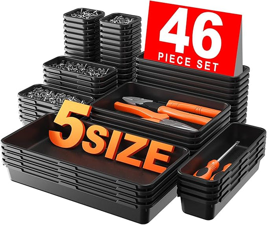 A-LUGEI【𝟰𝟲𝗣𝗖𝗦 & 5 Size】Tool Box Organizer Tray Divider Set, 【Black】 Desk Drawer Organizer, Garage Organization and Storage Toolbox Accessories Rolling Tool Chest Cart Cabinet WorkBench Small Part-NeatNest