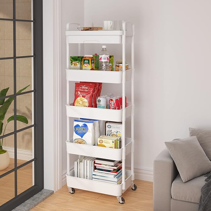 Calmootey 5-Tier Rolling Utility Cart with Drawer,Multifunctional Storage Organizer with Plastic Shelf & Metal Wheels,Storage Cart for Kitchen,Bathroom,Living Room,Office,White-NeatNest