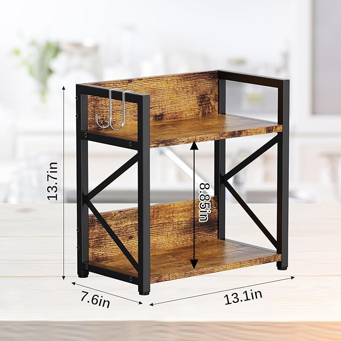 2 Tier Kitchen Counter Shelf Organizer, Coffee Bar Station Organizer for Countertop，Space Saving Spice Rack, Desk Shelf Riser, Coffee Bar Accessories(Rustic Brown, Medium)