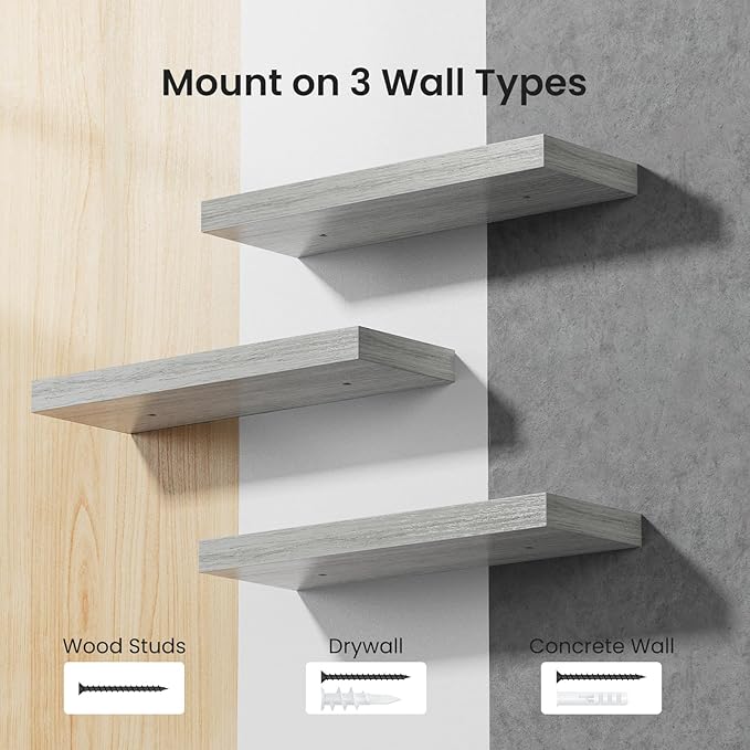 AMADA HOMEFURNISHING Floating Shelves, Wall Shelves for Bathroom/Living Room/Bedroom/Kitchen Decor, Grey Shelves with Invisible Brackets Set of 3 - AMFS07G-NeatNest