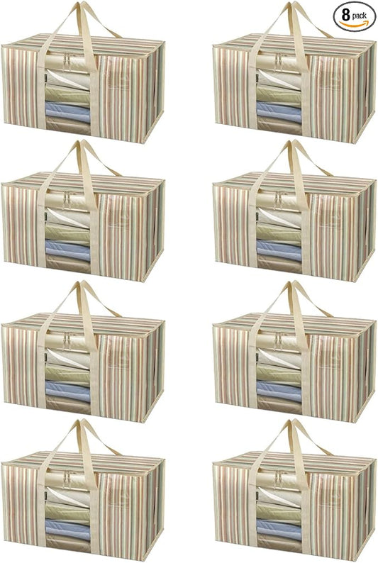 BALEINE 8-Pack Oversized Moving Bags with Reinforced Handles, Heavy-Duty Storage Tote for Clothes, Moving Supplies (Color Stripe with Window, 8-Pack)-NeatNest