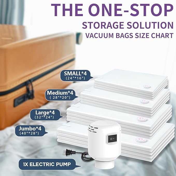 SZO 16 Pack Vacuum Storage Bags With Electric Air Pump,(4 Jumbo/4 Large/4 Medium/4 Small) Vacuum Seal Bags For Clothing Travel, Space Saver bags For Luggage, Blankets,Bedding,Moving Bags-NeatNest