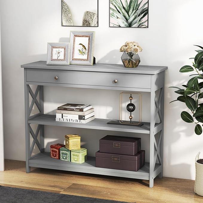 GOFLAME 39" Console Sofa Table with Drawers, 3-Tier Narrow Entry Table with Storage Shelves for Living Room Behind Couch, Entryway, Hallway (Grey)-NeatNest