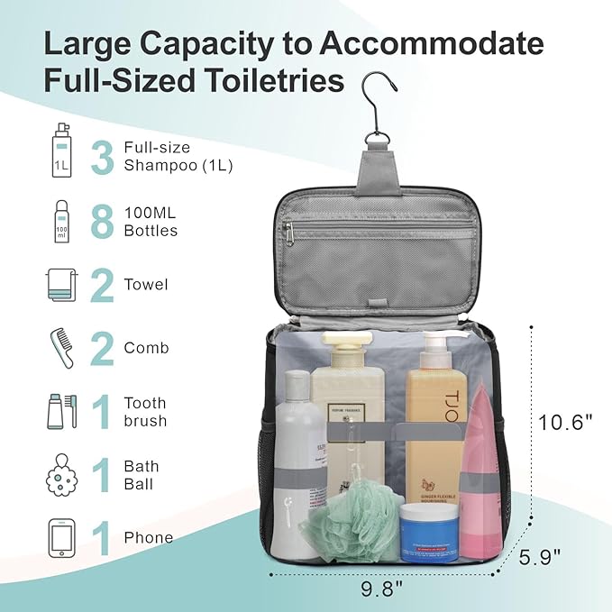 F-color Hanging Shower Caddy Portable with Clear Makeup Bag - College Dorm Essentials for Guys with Hooks Black, TSA Approved Toiletry Bag for Travel Size, Black