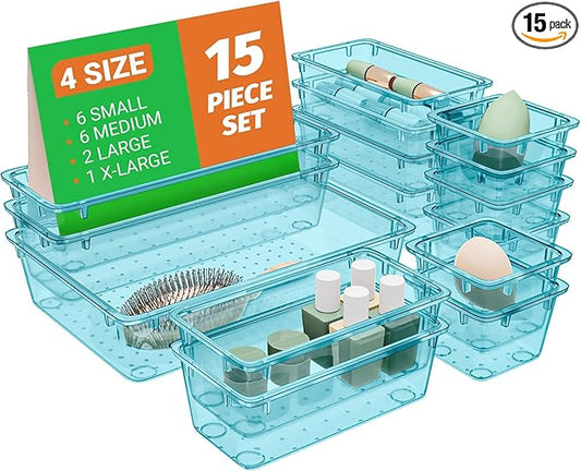 15 PCS Clear Plastic Drawer Organizer Set, 4-Size Acrylic Drawer Storage Trays, Storage Bins for Makeup, Gadgets, and Jewelry in Bathroom, Bedroom and Office, Clear Sea Blue-NeatNest
