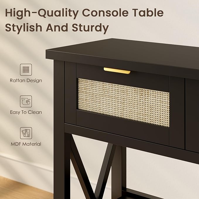 Console Table with 3 Rattan Drawers, Wooden Entryway Table with 3-Tier Storage Shelves, Display Shelf for Entryway, Hallway, Foyer and Living Room, Black-NeatNest