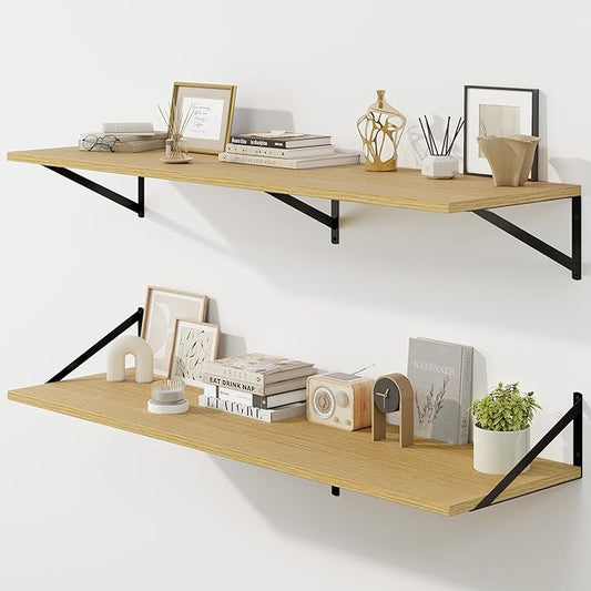 Fun Memories Floating Shelves for Wall, 12 Inch Deep Floating Shelves Set of 2, 48W x 12D Large Wall Shelf with Sturdy Metal Brackets for Living Room, Bathroom, Bedroom and Kitchen, Oak-NeatNest