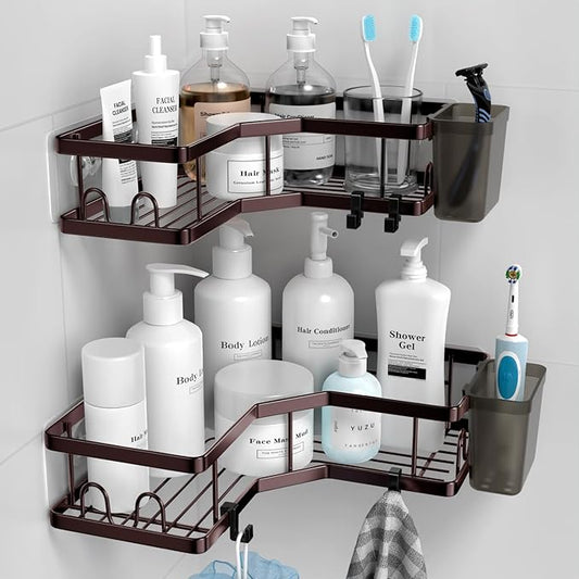 Shower Caddy Corner Organizer: 2Pack Adhesive Shower Shelf Essentials - No Drilling Stainless Steel Bathroom Storage Rack with Hooks and Toothpaste Holder - Shower Accessories