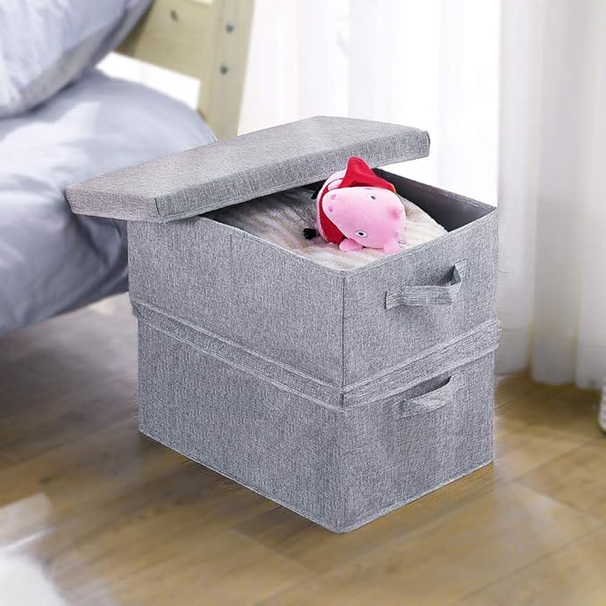 HOONEX Linen Foldable Storage Bins with Lids, 2 Pack, Storage Boxes with Carrying Handles and Sturdy Heavy Cardboard, 16.5" L x 11.8" W x 7.5" H for Shoes, Books, Clothes, Light Grey-NeatNest
