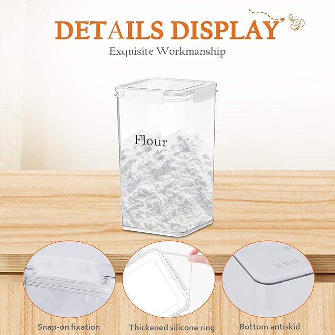 Flour Sugar Storage Container,Plastic Food Storage Containers with Airtight Lids and Scoop,Canisters Sets for The Kitchen,container for Sugar,Flour,Cereal,Baking Supplies,Rice(5.45Qt/6L)