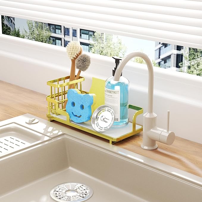 Consumest Sponge Holder for Kitchen Sink - Sink Caddy Organizer with Water Absorbing Stone Tray, Detachable Brush Holder, Stainless Steel Kitchen Counter Organizer Rack, Gold-NeatNest