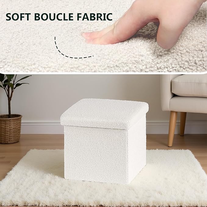 Folding Storage Ottoman Cube - Small Footrest with Sherpa Top, Multi-Functional Storage for Bedroom, Living Room,White