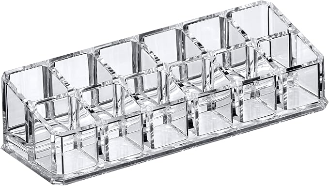 Amazing Abby - Glamour - 12-Slot Acrylic Lipstick Organizer, Lipstick Holder, Lip Gloss Holder, Cosmetic Storage Display, Perfect Storage Solution for Drawer and Vanity (Slot Size: 0.9" x 0.9")-NeatNest