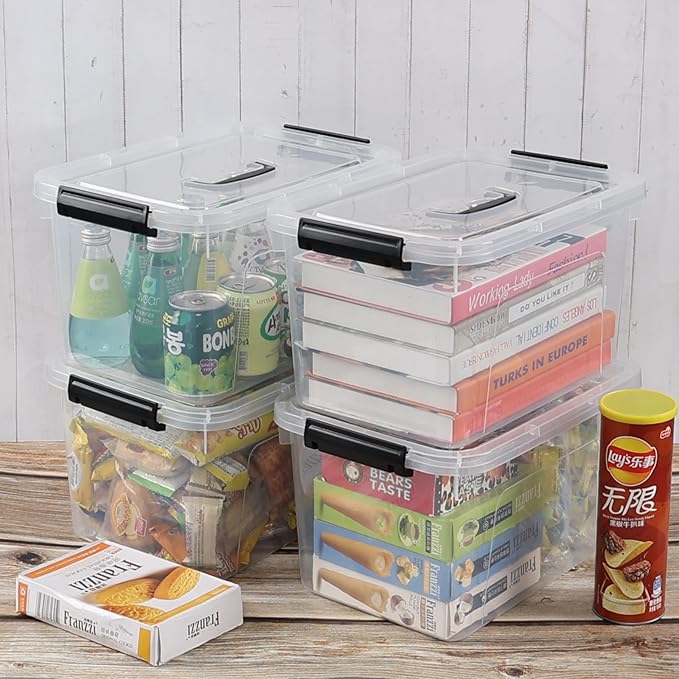12 Quart Latching Storage Box, 4 Pack, Clear Plastic Organizer Bin with Handle