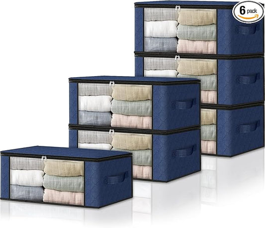 HomeHacks Storage 6-Pack Clothes Organizer Storage Bags Foldable Storage Box with Large Clear Window Sturdy Handles for Closet, Dorm, Pillows, Bedding, Clothes, Blankets, 35L, Blue-NeatNest