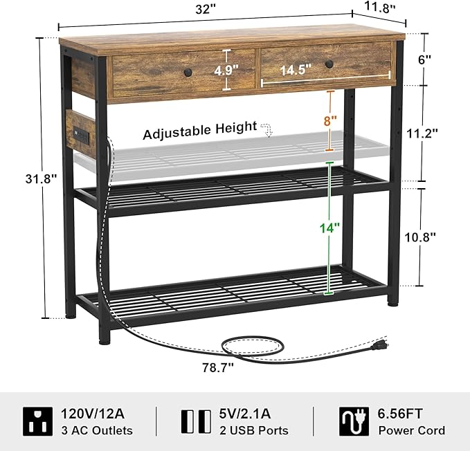 Ecoprsio Entryway Table with Outlets and USB Ports, Console Table with 2 Drawers, Small Sofa Table with Storage Shelves for Living Room, Couch, Hallway, Foyer, Kitchen Counter, 32'', Rustic-NeatNest
