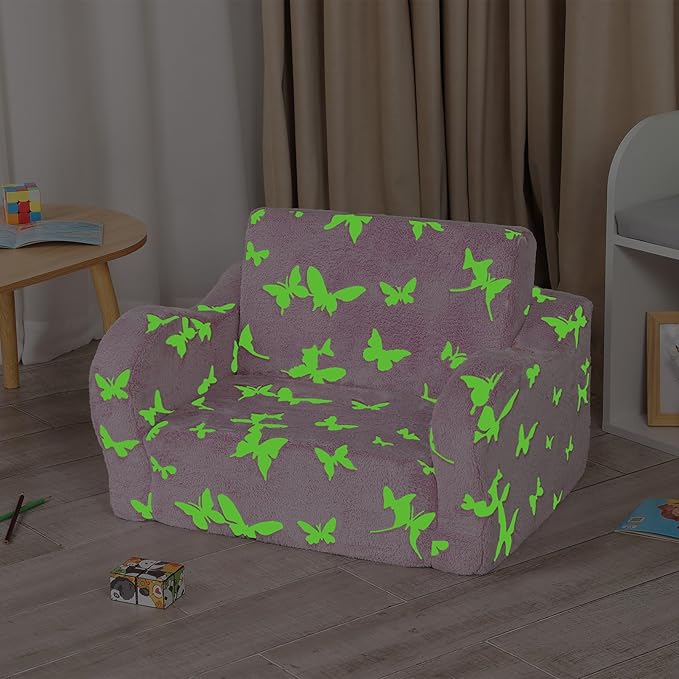 Butterfly Glow in The Dark Toddler Couch, 2-in-1 Toddler Soft Couch Fold Out with Star Pillow, Convertible Sofa to Lounger for Girls and Boys, 1-Seat-NeatNest